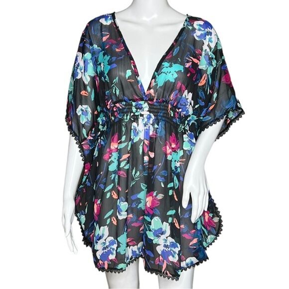 Time & True Swim Cover Up Women Medium Black Multicolored Floral Kimono Pom Poms - Picture 1 of 6